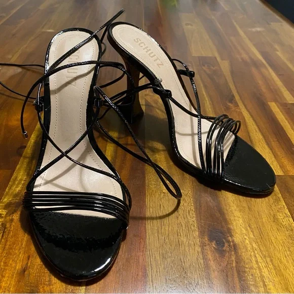 SCHUTZ Glossy Black Strappy Heels gorgeous evening sandals. One time worn. - Picture 3 of 6